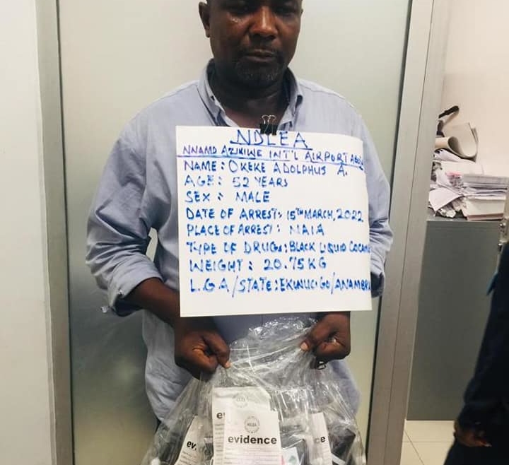 NDLEA arrests father of 4 with black liquid cocaine at Abuja airport